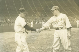 (L-R, New York Giants Manager Mel Ott; Brooklyn Dodger Manager Leo Durocher). The managers of the New York Giants and the Brooklyn Dodgers meet before a 1942 Spring Training game at El Gran Estadio ballpark in Havana, Cuba.