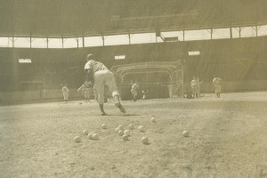 A Brooklyn Dodger pitcher throws batting practice to Dodger players at the El Gran Estadio in Havana, Cuba.