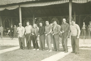 (L-R) Unidentified; Hugh Casey; Unidentified; Augie Galan; Ernest Hemingway; Lew Riggs; Curt Davis; Fred Fitzsimmons. Brooklyn Dodger players are photographed with Nobel Prize winning author Ernest Hemingway at a trap shooting club in Cuba.