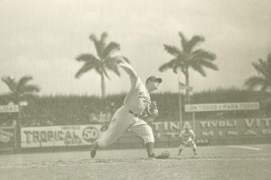 Brooklyn Dodger right hand pitcher Kirby Higbe is pitching in a game for the Dodgers during an early 1940s Spring Training visit to Cuba
