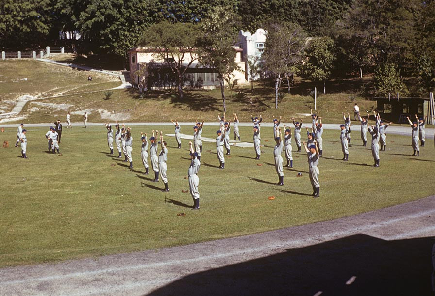 Brooklyn Dodger players loosen up for another day of Spring Training in Cuba at Cerveza Tropical Stadium.